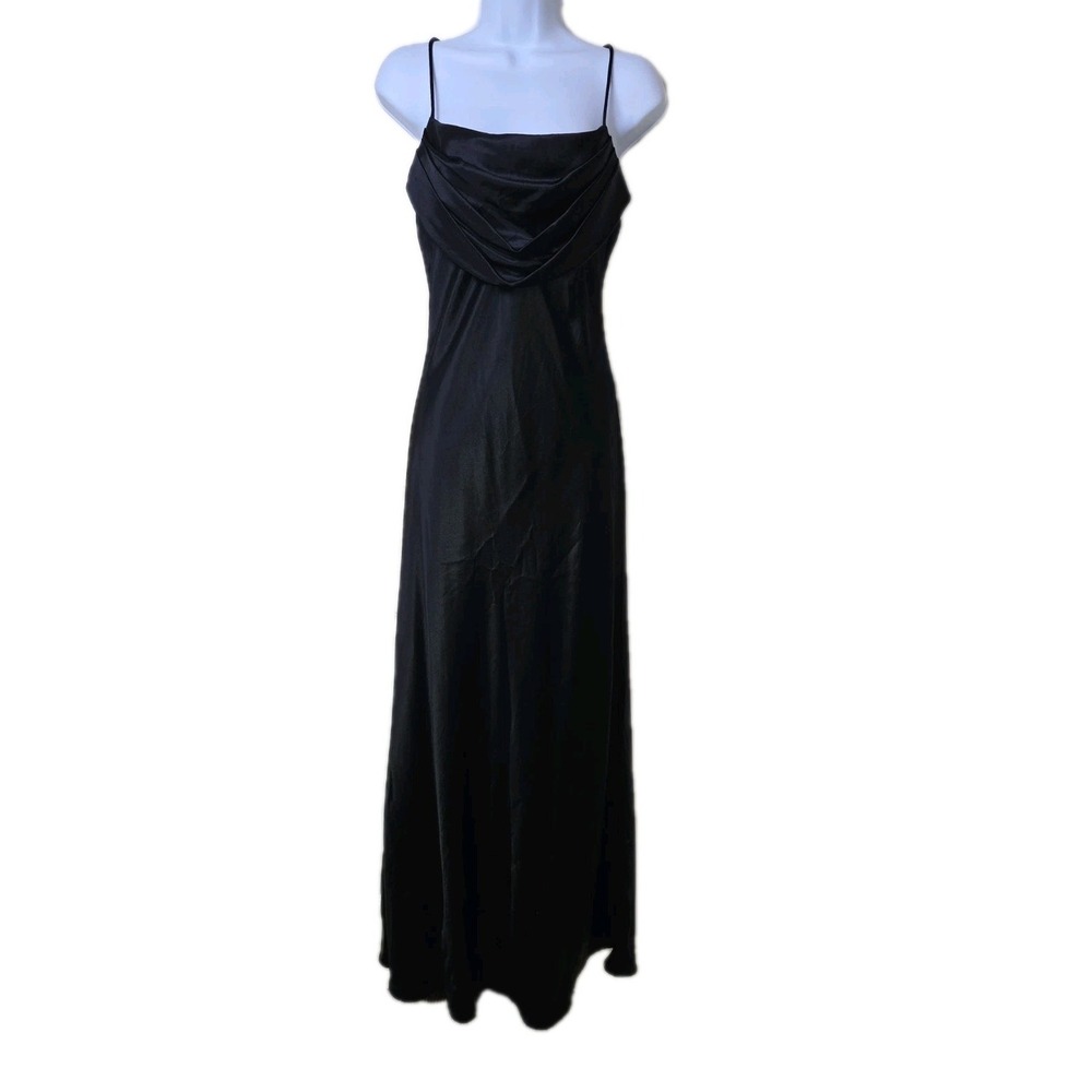 Vtg 90s Jump Apparel Wendye Chaitin Formal Satin Black Slip Dress Cowl Size 7/8